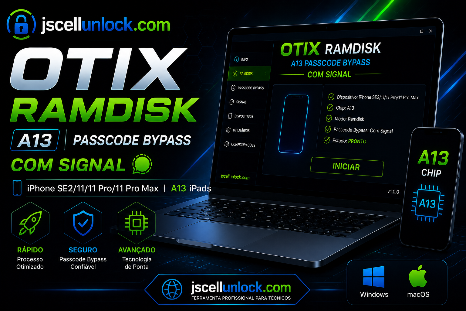 OTIX Ramdisk A13 | Owner Info + Passcode Bypass Com Sinal | iPhone SE2/11/11 Pro/11 Pro Max | A13 iPads