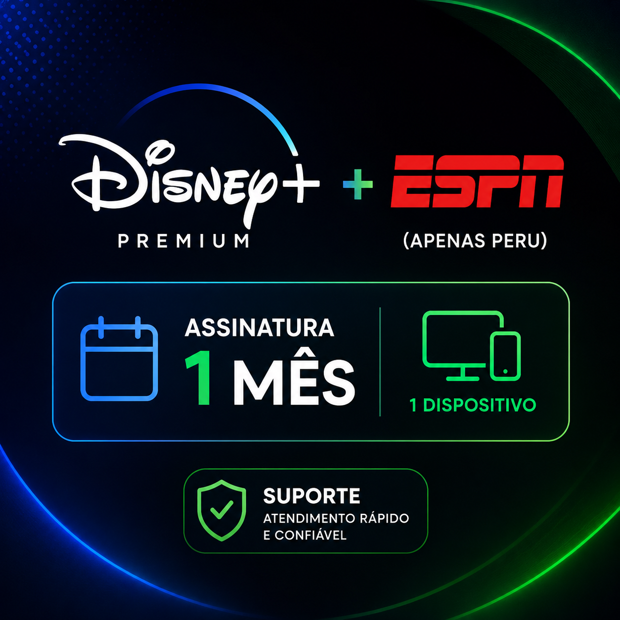 Disney Premium + ESPN (Apenas Peru): Assinatura 1 Mês (1 Dispositivo) com Suporte